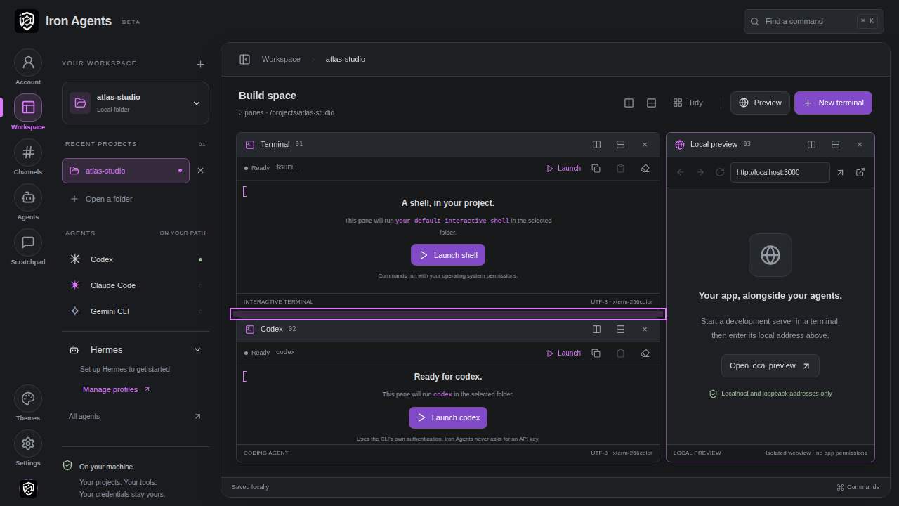Iron Agents workspace showing a project sidebar, terminal and Codex panes, and a local app preview.